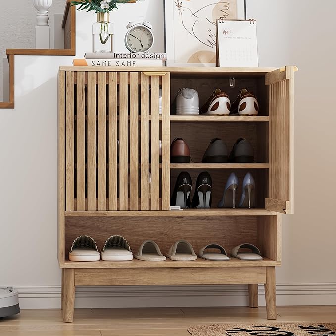 Shoe Cabinet with Slatted Doors, Freestanding Shoe Cabinet Storage