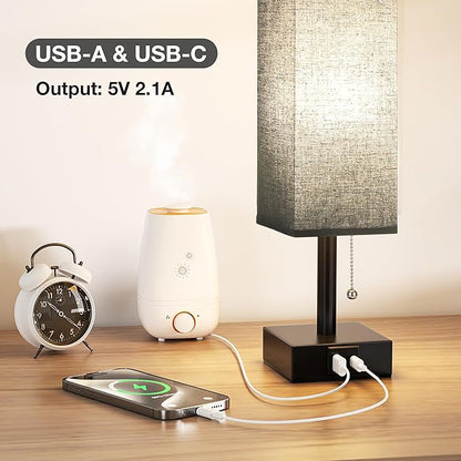 Black Small Table Lamp for Bedroom - 3 Color Temperature 3000K 5000K 4000K Bedside Lamp, Pull Chain Control, USB A and C Charging Ports, Black Base, for Kids Office Dorm Nightstand, Bulb Included
