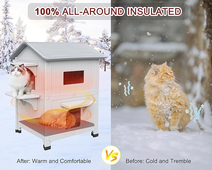 Rockever Plastic Outdoor Cat House with Insulated Liner, 100% Insulated Outdoor Cat Houses for Winter, Waterproof 2 Story Outside Cat Shelter, Clean and Assemble Easily-Grey