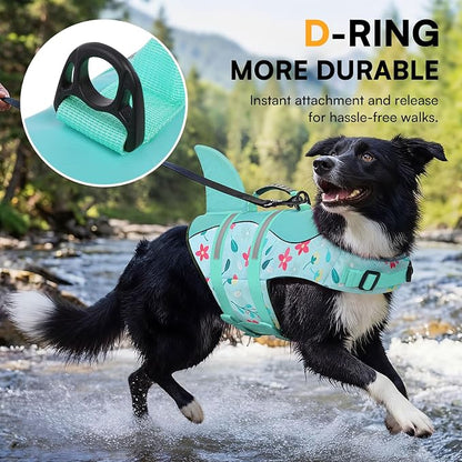 Dog Life Jacket, Dog Life Vest for Swimming, Doggie Shark Swimming Vest with Rescue Handle, Adjustable Reflective Pet Lifesaver Preserver for Small Dogs, Blue Flower XS