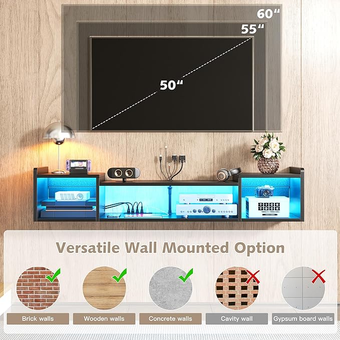 55.1"W Floating TV Stand with LED Lights & Power Outlets