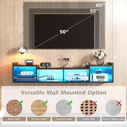 55.1"W Floating TV Stand with LED Lights & Power Outlets