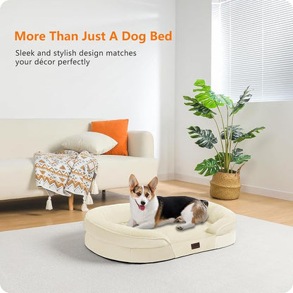 Dwanton Orthopedic Dog Bed for Medium Dogs with Gel Memory Foam, Waterproof Dog Sofa, Washable Pet Bed with Four Sided Bolster Cushion, Removable Cover & Non-Slip Bottom, 36", Beige