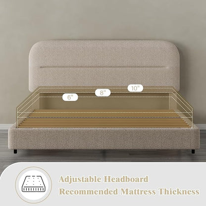 HOMBCK Full Size Boucle Bed Frame, Upholstered Cloud Bed with Headboard, Soft Bed Frames, Modern Style/Thickened Footboard/Rounded Corners Design/No Box Spring Required/Easy Assembly, Beige