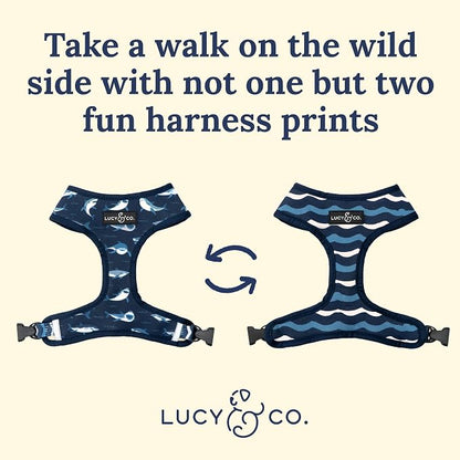 Lucy & Co. Reversible Dog Harness - Water-Repellent Neoprene, Dual-Print Design, Easy Swap Style, Adjustable Comfort Fit - Shark Attack Reversible Harness - Medium