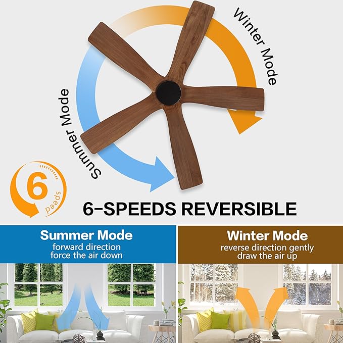 WINGBO 48" Flush Mount DC Ceiling Fans without Lights, 5 Carved Solid Wood