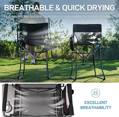 EVER ADVANCED Tall Textilene Camping Chair Mesh Directors Chair High Foldable Bar Stool with Side Table for Makeup Artist, Sports Event, Craft Show, Supports 350LBS Black