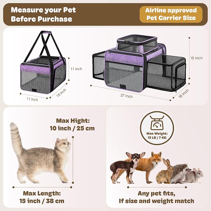 Top and 2 Sides Expandable Cat Carrier 18x11x11, TSA Airline Approved Dog Carriers for Small Dogs, Soft-Sided Pet Carrier with Self-Locking Zippers for Kitten,Rabbit, Puppy, Guinea Pig Purple