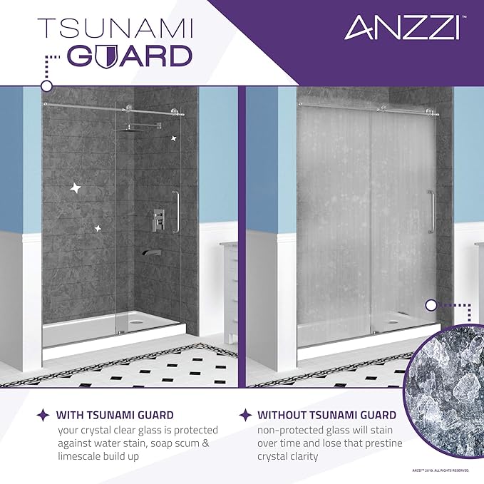 ANZZI 72" x 30" Frameless Shower Door in Matte Black, Water Repellent Glass