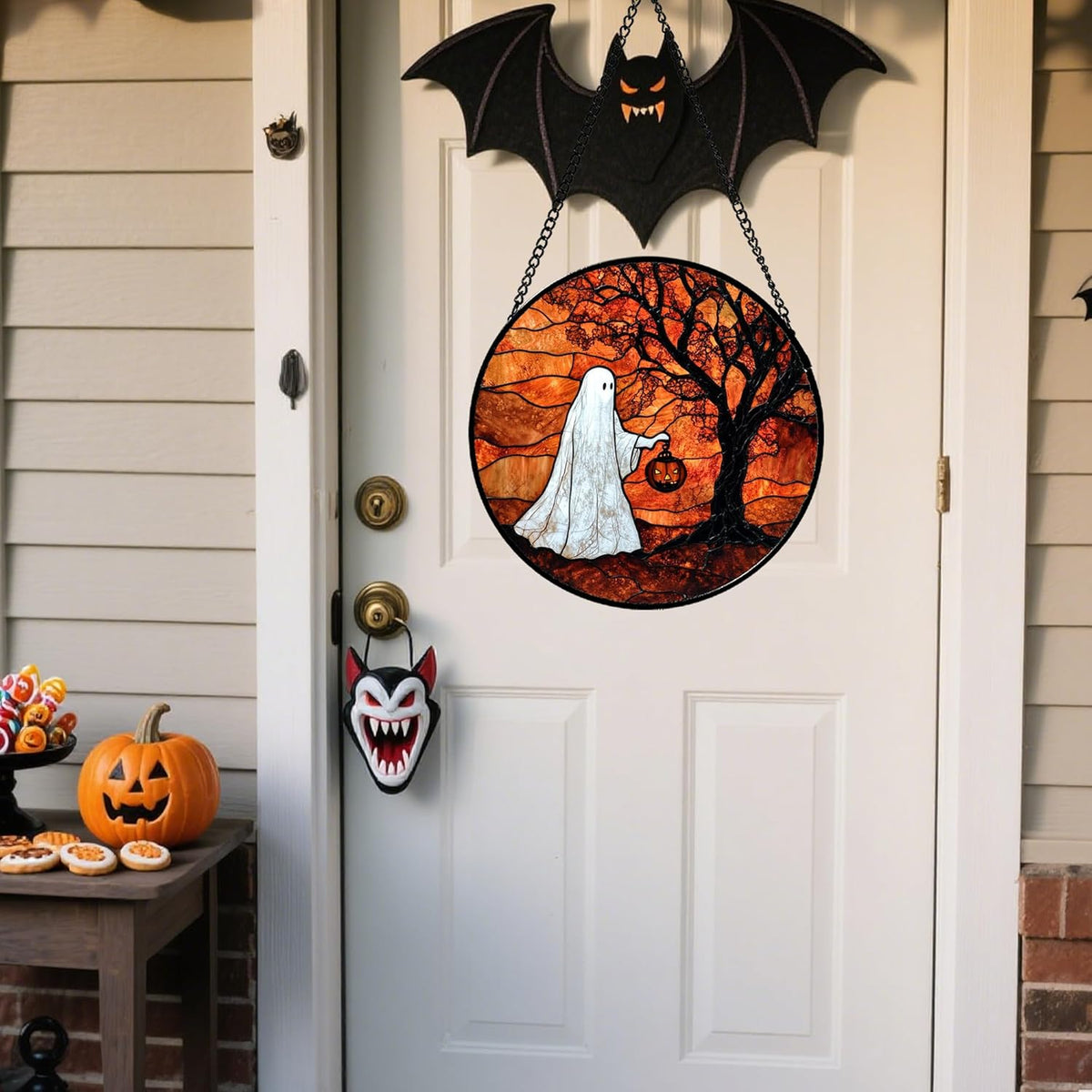 Stained Glass Window Hanging - Halloween Ghost Holding A Pumpkin Lantern Suncatcher for Door Garden Spooky Tree Sun Catchers Gothic Decorations Horror Gifts for Women Men Friend 6.3 in