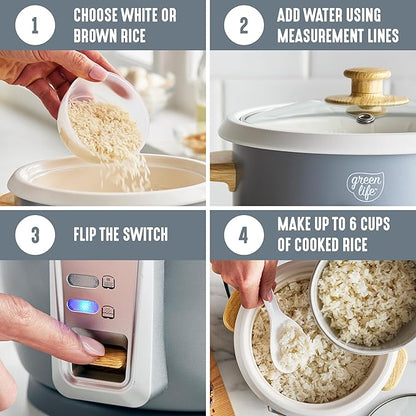 GreenLife Rice Cooker with Removable PFAS-Free Ceramic Nonstick Pot, 3-Cups