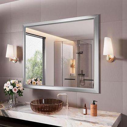 Amorho Bathroom Mirror, 44x36 Inch Silver Thick Metal Framed Wall Mirrors