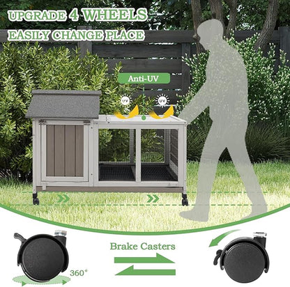 Gowoodhut 38.19"L Rabbit Hutch Indoor and Outdoor with 4 Wheels,Wooden Rabbit Cage with Pull Out Leak-Proof Tray for 1-2 Rabbits,Bunny Hutch with Asphalt Roof Suitable for Garden,Park,Living Room,Grey
