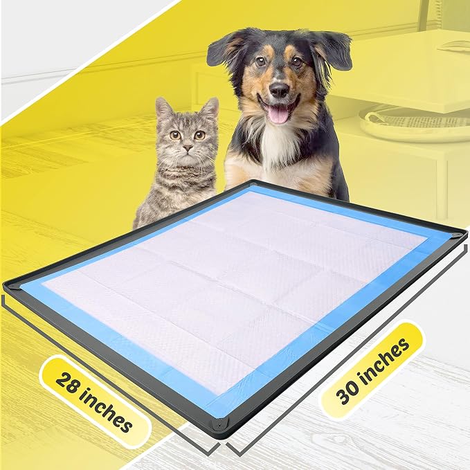 Skywin Dog Pee Pad Holder Tray Fits for 28” x 30” Pee Pads - 1 Pack - Grey | Corner Lock Holes, Raised Edges, Non-Spill, Easy to Clean Silicone Dog Potty Tray Holder, For Indoor Floor Protection