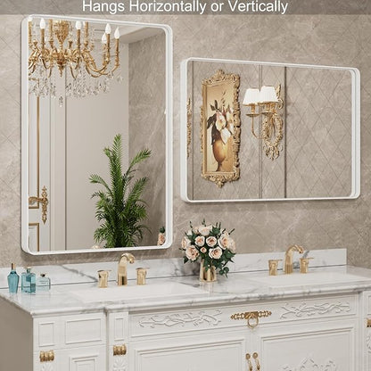 LOAAO 30x36 Inch White Metal Framed Bathroom Mirror
