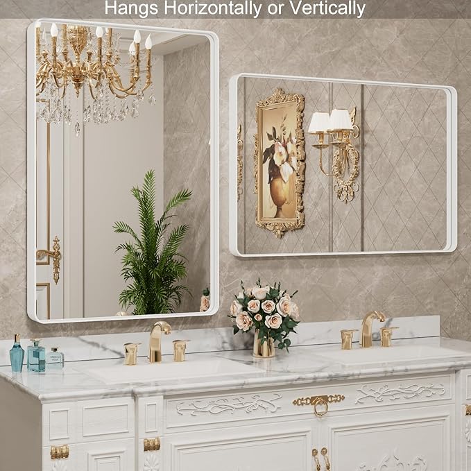LOAAO 24x32 Inch White Metal Framed Bathroom Mirror