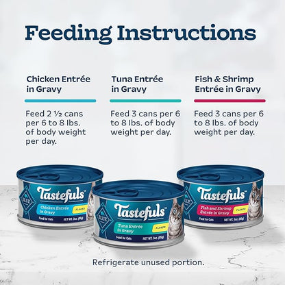 Blue Buffalo Tastefuls Flaked Wet Cat Food Variety Pack, Made with Natural Ingredients, Tuna, Chicken, Fish & Shrimp, 3-oz Cans (12 Count, 4 of Each)