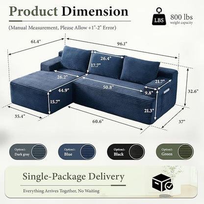 96" Sectional Couches for Living Room Cloud Couch Sofa with L-Shape Upholstered Boneless Couchs Modern Modular Sectional Couch with Chaise (Bule, 96" W+Left Facing Chaise+2Seaters)