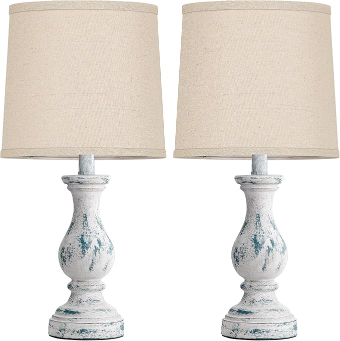 Seealle Farmhouse Table Lamps Set of 2 - Rustic Lamp for Bedroom Living Room, 22" Boho Bedside Lamps for Night Stands End Table Office Desk Lamp Nightstand Clearance with Linen Shades(Washed Blue)