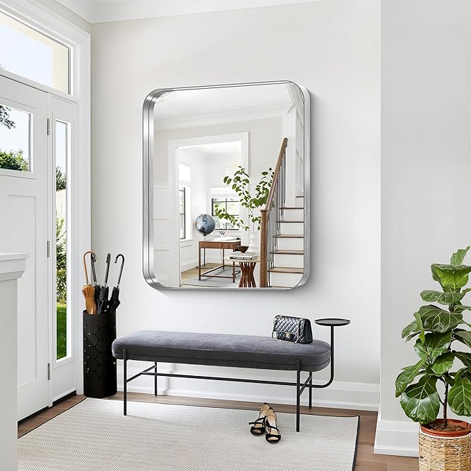 CIRCUMI Silver Bathroom Mirror, Rounded Corner, Tempered Glass, Large Mirror