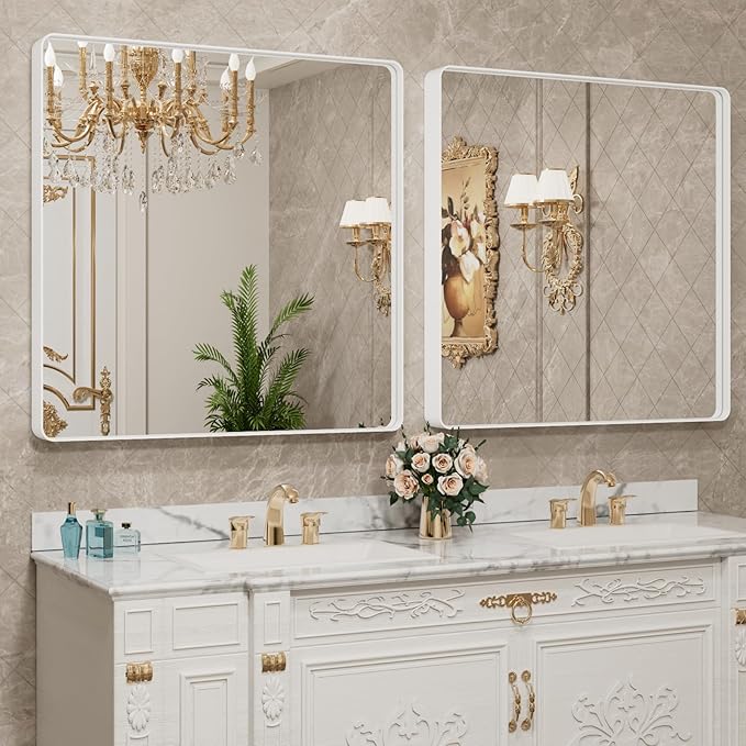 LOAAO 36x36 Inch White Metal Framed Bathroom Mirror