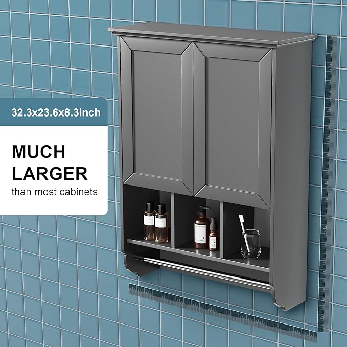 Bathroom Wall Cabinet with Towel Bar, Wooden Medicine Cabinet Adjustable Shelves
