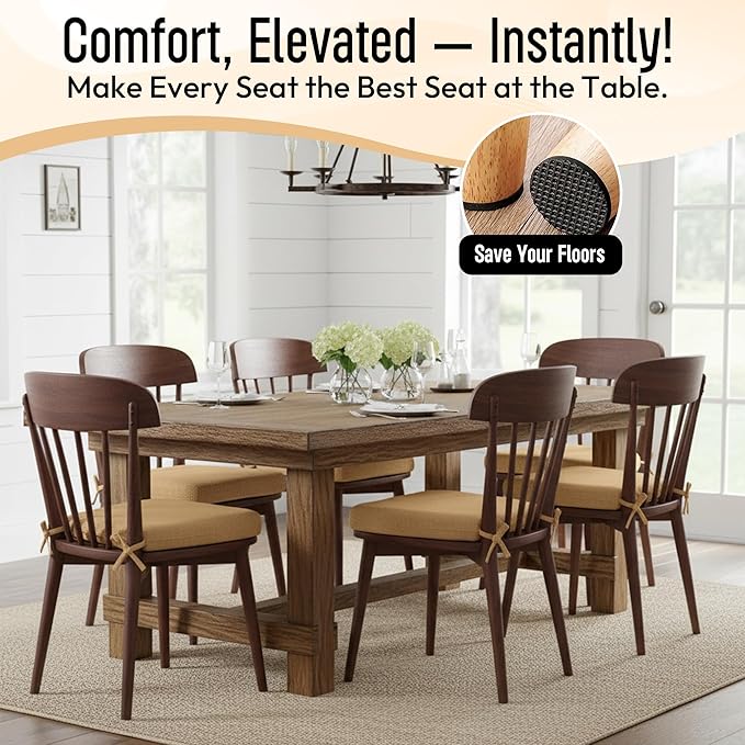 D-Shaped Indoor Chair Cushions 17" x 16" for Kitchen & Dining Chairs – 2'' Thick Seat Pads with Ties & Non-Slip Backing, High-Density Foam, Machine-Washable Covers, Set of 4 with Chair Leg Pads, Khaki