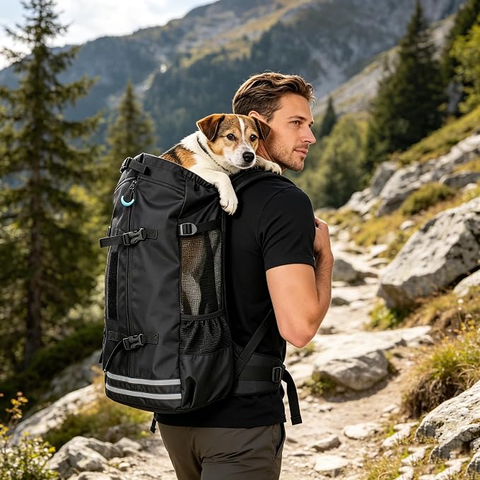 Big Dog Backpack Carrier, Black-L | Extra Large Pet Carrier for 66lbs Dogs, Fully Adjustable Water-Resistant Dog Travel Bag for Hiking Cycling Outdoor Adventures