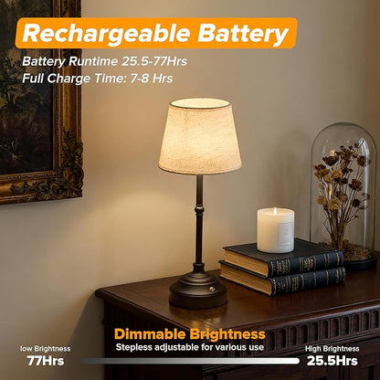 Cordless Table Lamp, Rechargeable Desk Lamp with Fabric Shade, Battery Operated Lamp 3 Color Stepless Dimming, Portable Small Touch Bedside Lamp Home Decor for Dining, Counter (Matte Black)