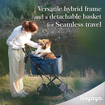 ibiyaya Essential – Travois Tri-Fold Pet Travel System for Medium Dogs, Cats, and More, 3 in 1 Dog Stroller with Detachable Carrier, XL Cabin (Nautical Blue)