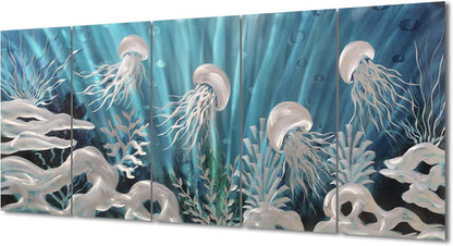 Yihui Arts Blue Deep Ocean Extra Large Jellyfish Metal Wall Art, in Modern Ocean Design, 3D Wall Art for Modern and Contemporary Decor, 5-Panels, Metal Wall Decor Works Indoors and Outdoors