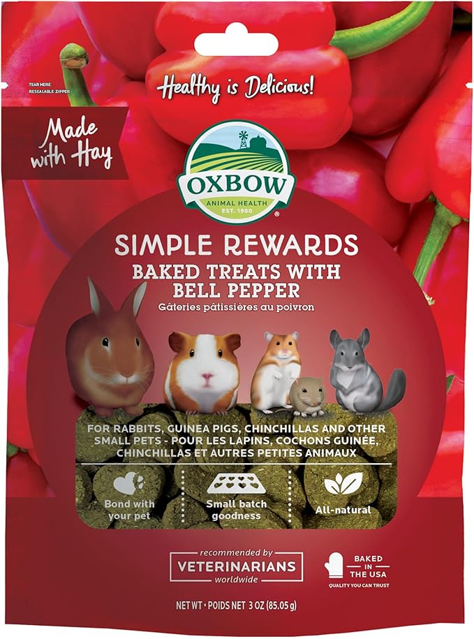 Oxbow Simple Rewards Baked Bell Pepper Treats, Rabbit & Guinea Pig Treats Made with Timothy Hay, Healthy Guinea Pig, Hamster & Bunny Snack, Timothy for Rabbit, Made in USA, 3 oz Bag