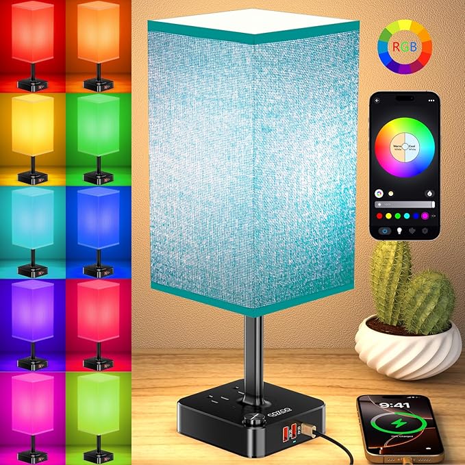 Bluetooth/WiFi RGB & USB Bedside Table Lamp with 3 USB Charging Ports 2 Outlets Power Strip, LED Light Bulb Dimmable, Music Sync Color Changing Light (RGB - Green Shade)