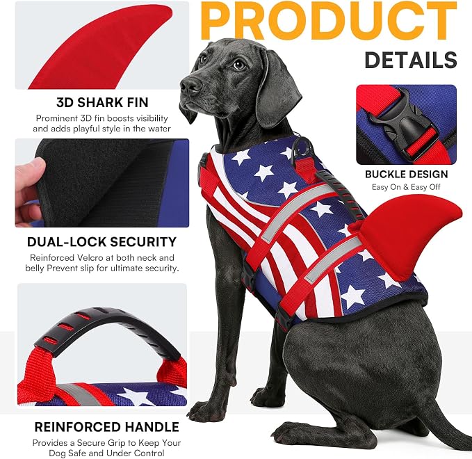 Shark Dog Life Vest for Swimming, Pet Life Vests for Boating, High Buoyant DogLife Jacket, Ripstop High Flotation Swimsui for Small, Medium, Large Dogs (USA Flag,XXL)