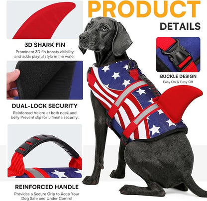 Shark Dog Life Vest for Swimming, Pet Life Vests for Boating, High Buoyant DogLife Jacket, Ripstop High Flotation Swimsui for Small, Medium, Large Dogs (USA Flag,XXL)