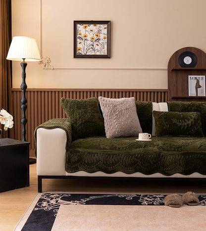 Green Fuzzy Rabbit Plush Sofa Cover Cozy Warm Sofa Couch Covers with 3D Jacquard Leaf Pattern Non-Slip Easy-to-Install Shaggy Sofa Slipcover Prefect for Kids Dogs Cats Cats(Green,36"x28")
