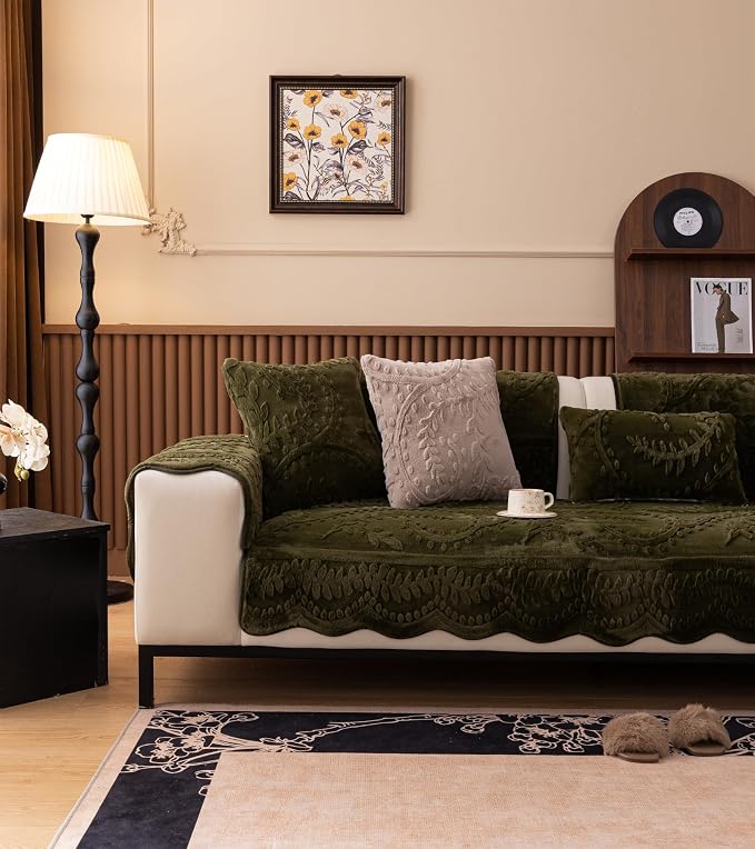 Green Fuzzy Rabbit Plush Sofa Cover Cozy Warm Sofa Couch Covers with 3D Jacquard Leaf Pattern Non-Slip Easy-to-Install Shaggy Sofa Slipcover Prefect for Kids Dogs Cats Cats(Green,36"x102")