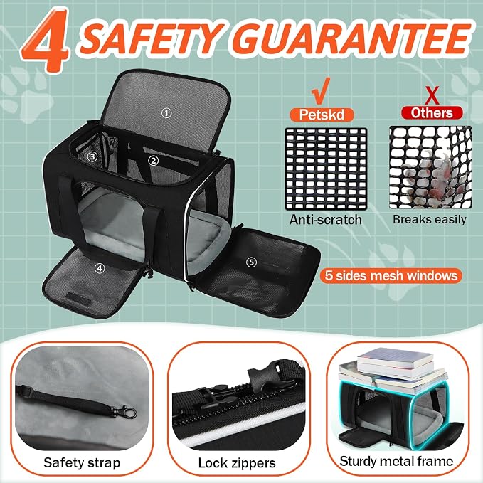 Small Pet Carrier 17"x11"x9.5" with Wheels Airline Approved, Black | for Alaska Airlines, Lockable Safety Zippers and Anti-Scratch Mesh, Pets Under 10 lbs