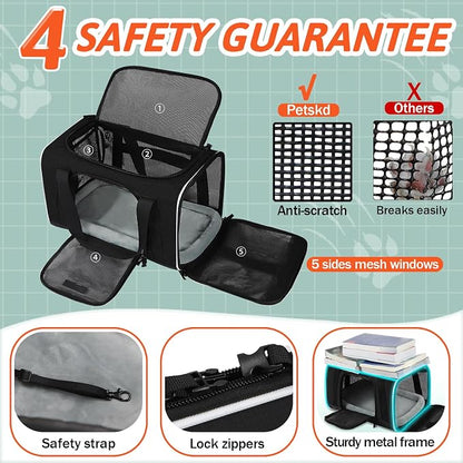 Small Pet Carrier 17"x11"x9.5" with Wheels Airline Approved, Black | for Alaska Airlines, Lockable Safety Zippers and Anti-Scratch Mesh, Pets Under 10 lbs