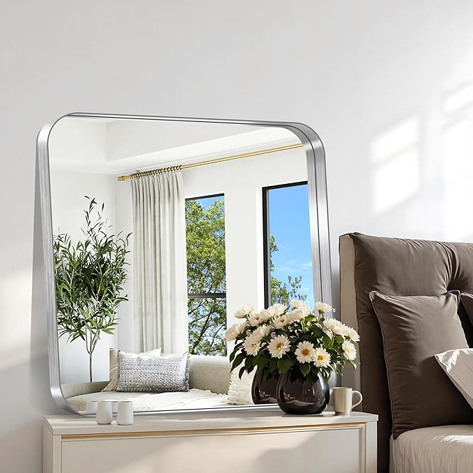 CIRCUMI Silver Bathroom Mirror, Rounded Corner, Tempered Glass, Square Mirror