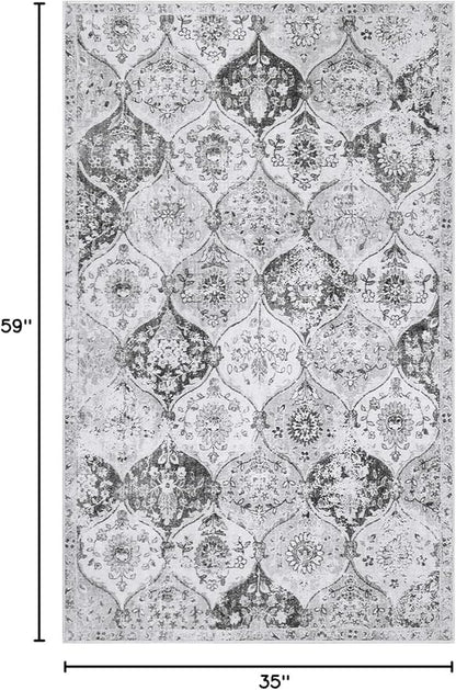 Lahome Moroccan Trellis Washable Small Area Rug, 3x5 Area Rug for Bedroom Living Room, Non-Slip Oriental Accent Throw Carpet for Kitchen Office Entryway Bathroom Office, Silver/Grey