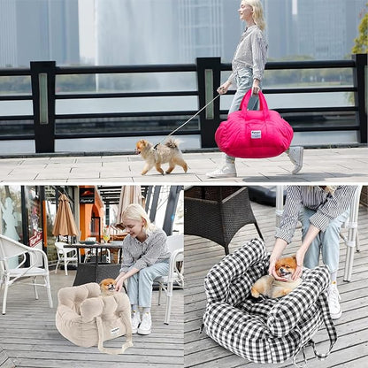 Dog Car Seat for Small Dogs, Portable Puppy Car Seat of Easy Installation, Fashionable Pet Carrier Bag with Large Pockets, Machine Washable Dog Booster Seat (Khaki)
