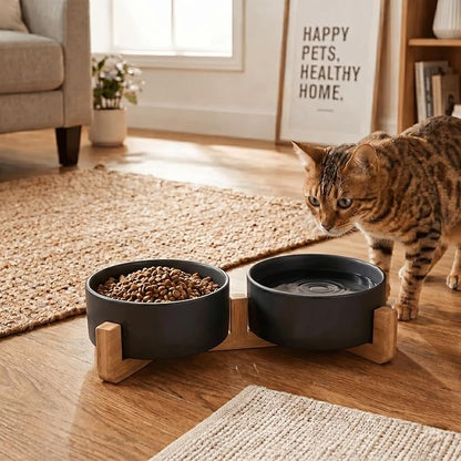 SPUNKYJUNKY Ceramic Dog and Cat Bowl Set with Wooden Stand, Modern Cute Weighted Food Water Set for Small Size Dogs (13.5OZ) & Medium Sized Dogs (28.7OZ) & Cats (1.7 Cups, 2 × Black)