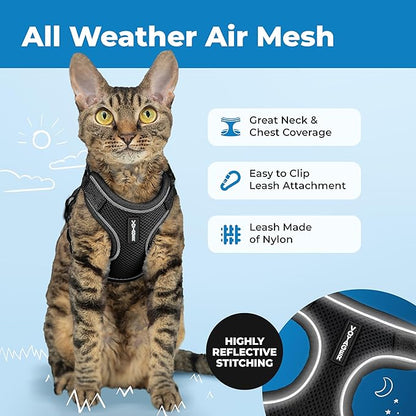 Voyager Escape Proof Cat Harness and Leash Set with Reflective Stitching, Neoprene Handle 5ft - Supports Small, Medium and Large Cats, Kittens for Walking by Best Pet Supplies - Black, XXXS