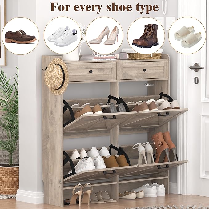 Shoe Cabinet with 4 Flip Drawers & 2 Storage Drawers, Rustic Farmhouse Narrow