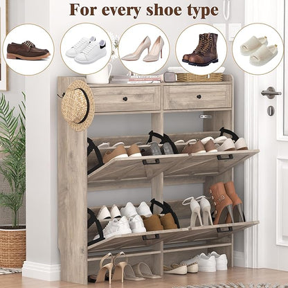 Shoe Cabinet with 4 Flip Drawers & 2 Storage Drawers, Rustic Farmhouse Narrow
