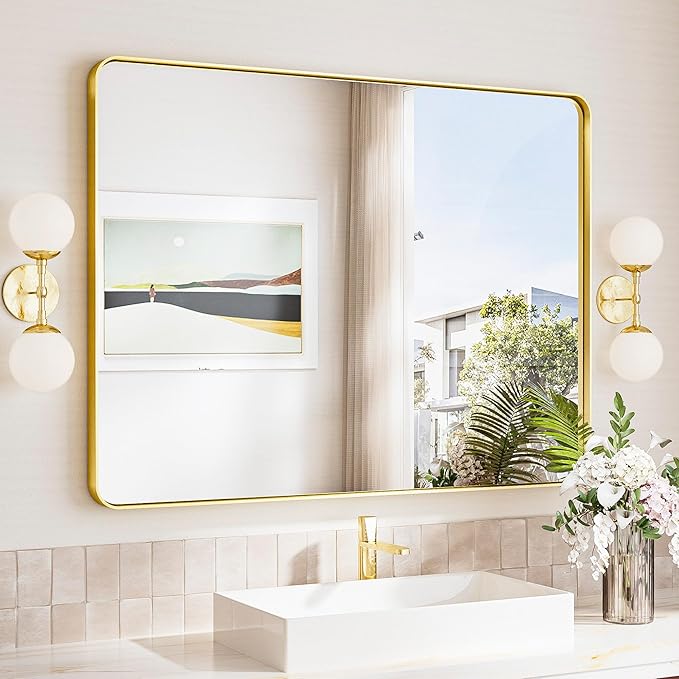 TokeShimi Brushed Gold Bathroom Mirror, 40x30 Large Bathroom Mirror Rectangle