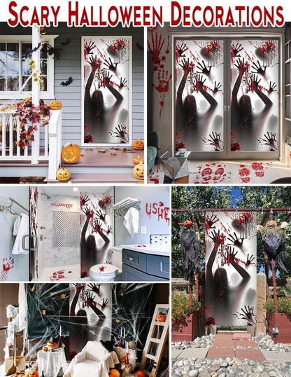 Wohohoho 11 Sheets/202 Pcs Bloody Halloween Decorations Set. 2 Giant Spooky Door Cover, 6 Sheets Horror Window Clings, 3 Sheets Scary Floor Stickers, Halloween Party Wall Decal Bedroom Inside Decor