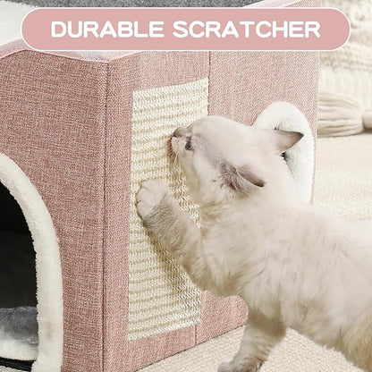 Large Cat Bed for Indoor Cats, Extra Wide Cat Cave House with Scratch Pad and Fluffy Ball, Foldable Cat Hideaway for Kitten Bed, Cat Condo for Cats (Pink, X-Large)