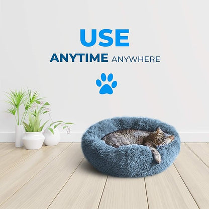 Whiskers & Friends Cat Bed Dog, Cat Beds for Indoor Cats, Orthopedic Soft Fluffy Round Calming Pet Bed for Small to Large Kitty Kittens & Dogs, Small Dog Beds & Furniture - with Blanket